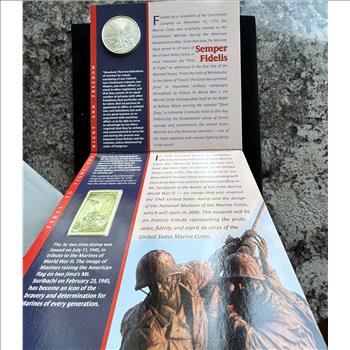 1775-2005 U.S. MARINE CORPS ANNIV $1 DOLLAR SILVER UNC GEM COIN, & 3 CENT IWO JIMA STAMP SET, OGP, COA