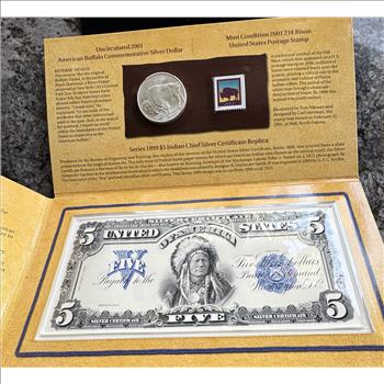 THE AMERICAN BUFFALO SILVER $1 COIN, STAMP, 1899 $5 INDIAN CHIEF SILVER CERTIFICATE REPLICA, IN SEALED ORIG US COLLECTORS PKG