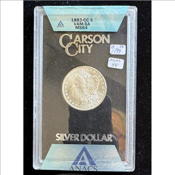 1883-CC MORGAN SILVER $1 DOLLAR COIN, ANACS GRADED VAM-5A MS-64, IN ORIGINAL HARD CASE