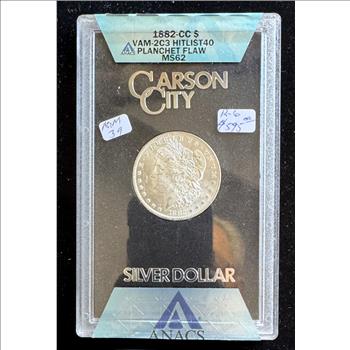 1882-CC MORGAN SILVER $1 DOLLAR COIN, ANACS GRADED VAM-2C3 MS-62 PLANCHET FLAW, IN ORIGINAL HARD CASE