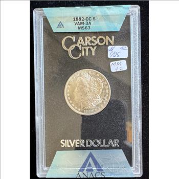 1882-CC MORGAN SILVER $1 DOLLAR COIN, ANACS GRADED VAM-3A MS-63, IN ORIGINAL HARD CASE