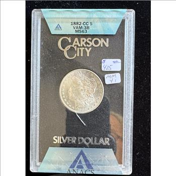 1882-CC MORGAN SILVER $1 DOLLAR COIN, ANACS GRADED VAM-3B MS-63, IN ORIGINAL HARD CASE