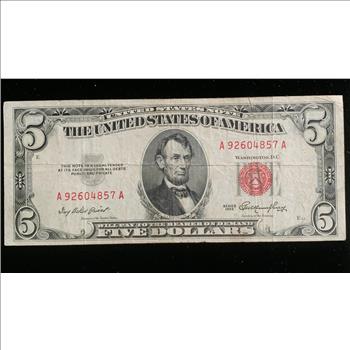 SERIES 1953 RED SEAL, $5 DOLLAR NOTE IN SLEVE