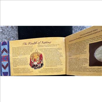 THE AMERICAN BUFFALO SILVER $1 COIN, STAMP, 1899 $5 INDIAN CHIEF SILVER CERTIFICATE REPLICA, IN SEALED ORIG US COLLECTORS PKG