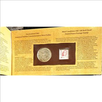 THE AMERICAN BUFFALO SILVER $1 COIN, STAMP, 1899 $5 INDIAN CHIEF SILVER CERTIFICATE REPLICA, IN SEALED ORIG US COLLECTORS PKG