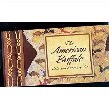 THE AMERICAN BUFFALO SILVER $1 COIN, STAMP, 1899 $5 INDIAN CHIEF SILVER CERTIFICATE REPLICA, IN SEALED ORIG US COLLECTORS PKG