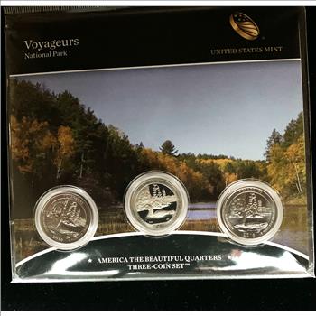 AMERICA THE BEAUTIFUL QUARTERS 3 COIN SET ONE PROOF & 2 UNC IN ORIG US MINT PKG VOYAGEURS NATIONAL PARK