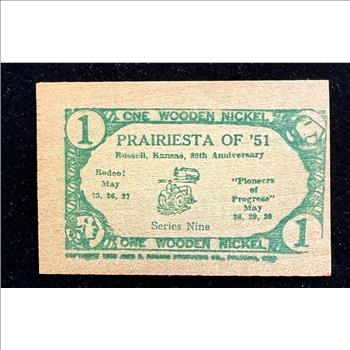 1951 RUSSELL KANSAS ONE WOODEN NICKEL PAPER CURRENCY COIN, PRAIRIESTA OF 51