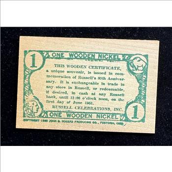 1951 RUSSELL KANSAS ONE WOODEN NICKEL PAPER CURRENCY COIN, PRAIRIESTA OF 51