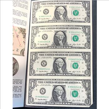 BUREAU OF ENGRAVING & PRINTING UNCUT (4) $1 CRISP UNC BILLS IN ORIG GOV PKG FIRST TWO & LAST TWO SERIAL NUMBERS ALL SAME