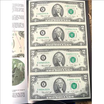 BUREAU OF ENGRAVING & PRINTING UNCUT (4) $2 CRISP UNC BILLS IN ORIG GOV PKG FIRST THREE & LAST THREE SERIAL NUMBERS ALL SAME