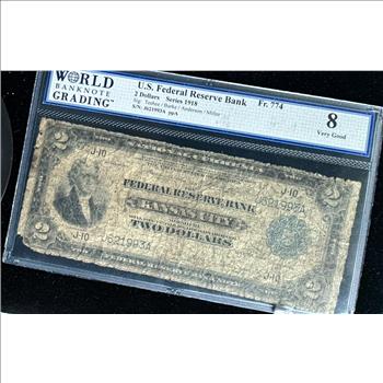1918 SERIES $2 DOLLARS NATIONAL CURRENCY, WBG GRADED 8 VERY GOOD, BANK OF KANSAS CITY, MISSOURI