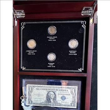 NO MOTTO U.S. COIN & CURRENCY 5 PIECE SET IN CUSTOM WOODEN DISPLAY CASE (SEE DESCRIPTION)