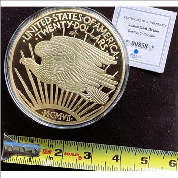 AMERICAN MINT JUMBO GOLD DREAM 1907 INDIAN HEAD PROOF 24kt GOLD LAYERED SOLID COPPER REPLICA, 376g, UNBLEMISHED IN CAPSULE, COA