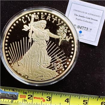 AMERICAN MINT JUMBO GOLD DREAM 1933 GOLD DOUBLE EAGLE PROOF 24kt GOLD LAYERED SOLID COPPER REPLICA, 376g, UNBLEMISHED IN CAPSULE, COA