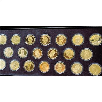 COMPLETE PRESIDENTIAL GOLDEN $1 PROOF GEM COINS (FIRST 20 PRESIDENTS)  IN ORIG CAPSULES, PKG (PHOTO NO JUSTICE)