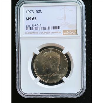 1973 KENNEDY 50C, NGC GRADED MS 65 IN THE SLAB, HIGH GRADE BRIGHT SHINY GEM COIN