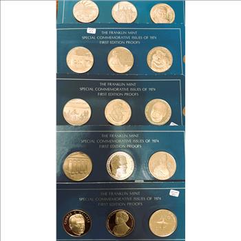 FRANKLIN MINT SPECIAL COMMEMORATIVE ISSUES OF 1973, 74, 75, FIRST EDITION PROOFS, 15 GEM COINS IN 5 ORIG SEALED PKG 