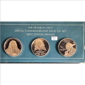 FRANKLIN MINT SPECIAL COMMEMORATIVE ISSUES OF 1973, FIRST EDITION PROOFS, ORIG SEALED PKG OF 3 GEM COINS