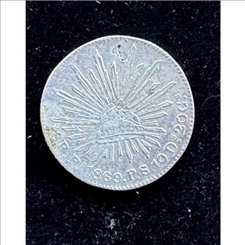 1869 PI PS SILVER MEXICO 8 REALES, AU NICE COIN