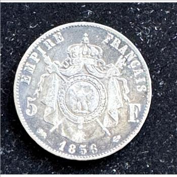 1856-D FRANCE SCARCE LARGE 5 FRANCS SILVER, LOTS OF DETAIL