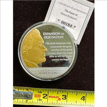 AMERICAN MINT LARGE SPOT GOLD, SILVER PLATED ON SOLID COPPER COIN PROOF, FACES OF MOUNT RUSHMORE JEFFERSON, UNBLEMISHED IN CAPSULE, COA