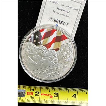 AMERICAN MINT LARGE SPOT GOLD, SILVER PLATED ON SOLID COPPER COIN PROOF, FACES OF MOUNT RUSHMORE JEFFERSON, UNBLEMISHED IN CAPSULE, COA