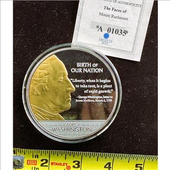 AMERICAN MINT LARGE SPOT GOLD, SILVER PLATED ON SOLID COPPER COIN PROOF, 110g, FACES OF MOUNT RUSHMORE WASHINGTON, UNBLEMISHED IN CAPSULE, COA