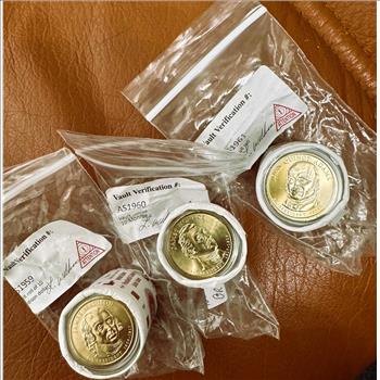 PRESIDENTIAL GOLDEN $1 DOLLAR GEM COINS, BU IN OFFICIAL UNBROKEN VAUGHT 3 ROLLS OF 10, MADISON, MONROE, & JOHN QUINCY ADAMS, 