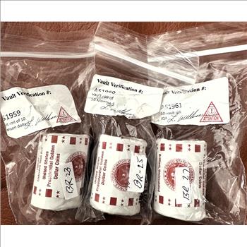 PRESIDENTIAL GOLDEN $1 DOLLAR GEM COINS, BU IN OFFICIAL UNBROKEN VAUGHT 3 ROLLS OF 10, MADISON, MONROE, & JOHN QUINCY ADAMS, 