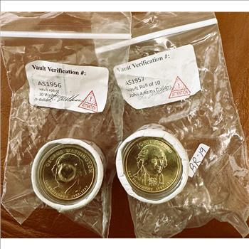 PRESIDENTIAL GOLDEN $1 DOLLAR GEM COINS, BU IN OFFICIAL UNBROKEN VAUGHT 2 ROLLS OF 10, WASHINGTON & JOHN ADAMS