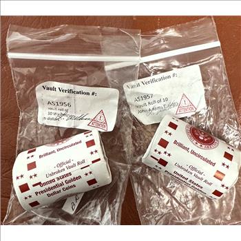 PRESIDENTIAL GOLDEN $1 DOLLAR GEM COINS, BU IN OFFICIAL UNBROKEN VAUGHT 2 ROLLS OF 10, WASHINGTON & JOHN ADAMS