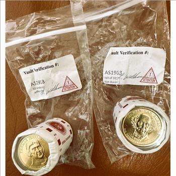 PRESIDENTIAL GOLDEN $1 DOLLAR GEM COINS, BU IN OFFICIAL UNBROKEN VAUGHT 2 ROLLS OF 10, JEFFERSON & VAN BUREN