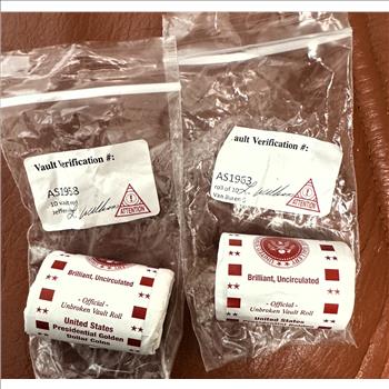 PRESIDENTIAL GOLDEN $1 DOLLAR GEM COINS, BU IN OFFICIAL UNBROKEN VAUGHT 2 ROLLS OF 10, JEFFERSON & VAN BUREN