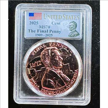 1909-2025 THE FINAL PENNY, FINAL ISSUE PHILADELPHIA, (3-D) BRIGHT LUSTER SHINY MS-70 IN THE SLAB