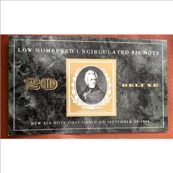 U.S. MINT LOW NUMBERED UNCIRCULATED $20 DOLLAR DELUXE NOTE, IN SEALED OGP, COA