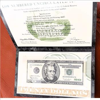 U.S. MINT LOW NUMBERED UNCIRCULATED $20 DOLLAR DELUXE NOTE, IN SEALED OGP, COA