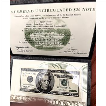 U.S. MINT LOW NUMBERED UNCIRCULATED $20 DOLLAR DELUXE NOTE, IN SEALED OGP, COA