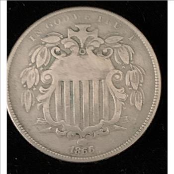 1866 WITH RAYS SHIELD NICKEL 