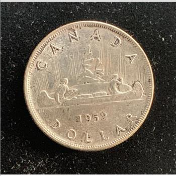 1952 80% SILVER $1 CANADIAN ABORIGINAL CANOE IN THE RAIN, AU BRIGHT SHINY LUSTER
