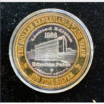 .999 FINE SILVER LIMITED EDITION COIN,  CACTUS PETES, JACKPOT NEVADA, FIRST STRIKE $10 CASH VALUE, UNCIRCULATED IN CAPSULE