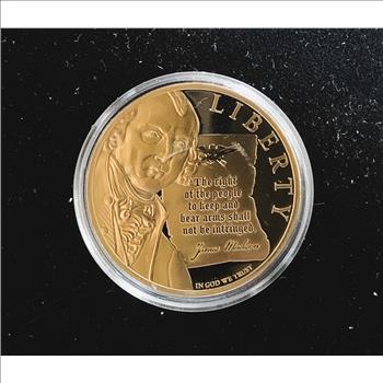 LIBERTY GOLD COIN, TONNED RIGHT TO KEEP AND BEAR ARMS MEDALLION PROOF IN CASE