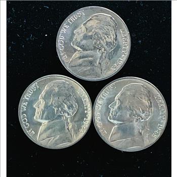 WARTIME NICKEL SET COINS ,  1943, 1944, 1945,  BRILLIANT UNCIRCULATED, SHINY, EXCELLENT CONDITION