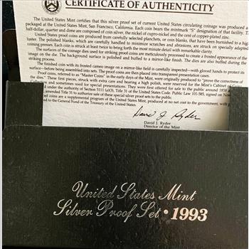 1993-S SILVER US MINT PROOF COIN SET, IN ORIGINAL MINT CASE, PKG, WITH COA