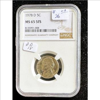 1978-D JEFFERSON NICKEL, NGC GRADE MS-65 FFS, COIN IN THE SLAB