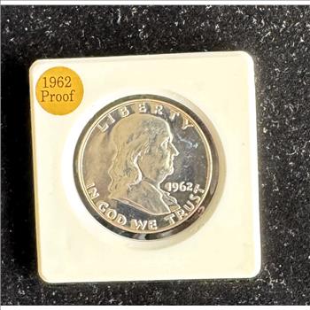 1962 SILVER FRANKLIN HALF DOLLAR, PROOF GEM HIGH GRADE COIN, IN A HARD CASE