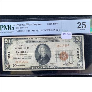 1929 SERIES $20 DOLLAR NATIONAL CURRENCY NOTE, FIRST NATIONAL BANK OF EVERETT WASHINGTON, PMG GRADED 25 VERY FINE