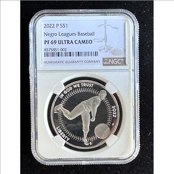 2022-P $1 DOLLAR NEGRO LEAGUES BASEBALL, .999 FINE SILVER NGC HIGH GRADED PROOF 69 ULTRA CAMEO GEM UNBLEMISHED COIN IN THE SLAB