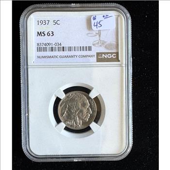 1937 5C INDIAN HEAD NICKEL, NGC GRADED MS-63 COIN IN THE SLAB