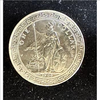 1908-B BRITISH TRADE DOLLAR, RARE HIGH QUALITY BRIGHT LUSTER DETAILED 90% SILVER COIN